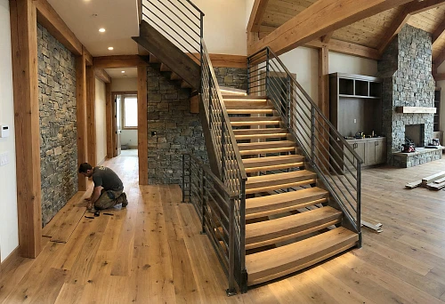 Private House Finishing with Wooden Elements and Stone Walls
