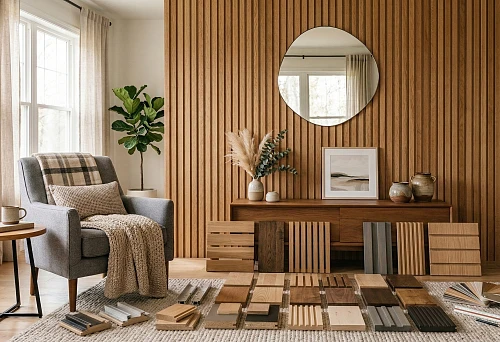 slat wall panels for interior decoration with material samples and a finished accent wall