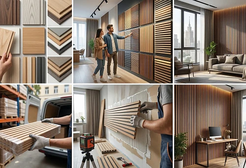 Buy slatted panels in Moscow with selection of material samples, textures, and shades
