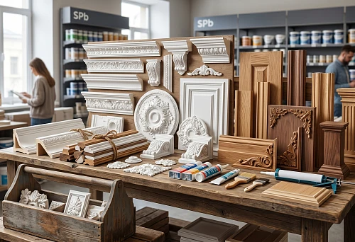 Decor set for renovation in St. Petersburg with polyurethane molding and wooden elements