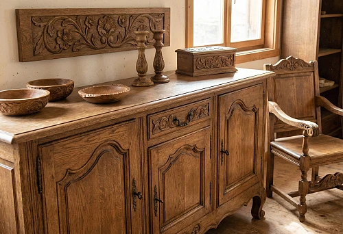 Wooden sideboard made of solid wood with carved decorative elements on the facades and figured supports
