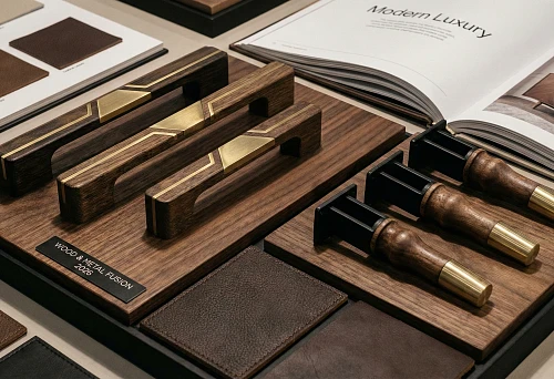 Wooden Furniture Handles with Brass Inlays, Presented on the Design Panel