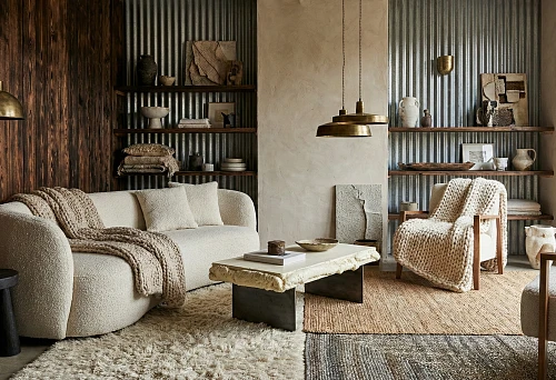 Modern Living Room in the Tactile Maximalism 2026 Style with Textured Wooden Panels, a Soft Light Sofa