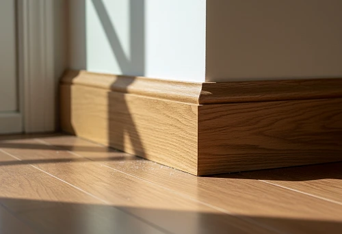 Wooden skirting board against the wall with parquet flooring in a sunny interior.