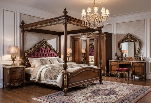 Classic bedroom with carved wooden furniture, a canopy bed, textured fabrics, and soft lighting, highlighting harmonious proportions and an atmosphere of tranquility.