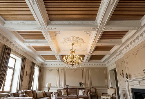 Slat panels on the ceiling and ceiling molding in a classic interior with a coffered structure and a crystal chandelier