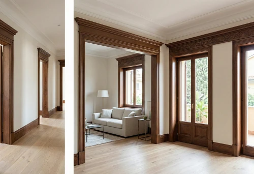 Decor of door portals in an apartment &mdash; a bright corridor with panel layout moldings, a unified rhythm of openings and neat architectural lines