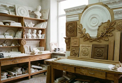 Stucco elements and stucco decoration: rosettes, cornices and moldings next to wooden overlays