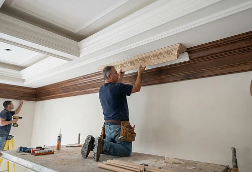 Installation of wooden ceiling plinth with decorative polyurethane insert in a classic interior