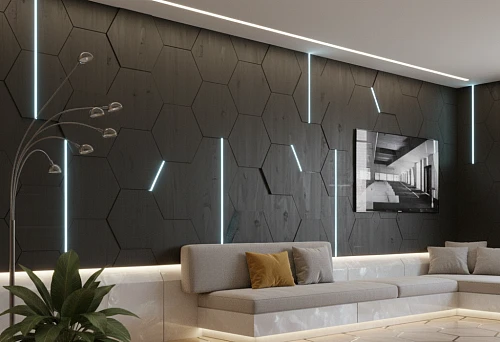 Modern living room with interior skirting board, geometric panels, vertical lighting lines, and dark decorative battens
