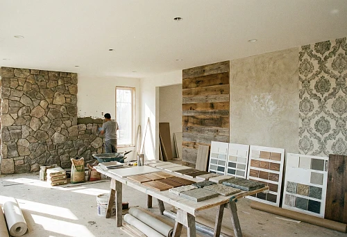A worker lays decorative stone on a wall in a private house.