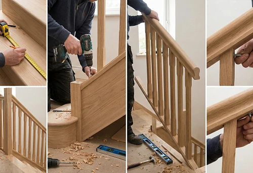 Marking balusters on the staircase: the master measures the steps with a tape measure and applies marks for railing fastening