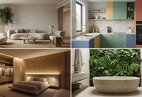 Living room in soft minimalism style 2026: rounded furniture, natural textiles, wood and a calm neutral palette