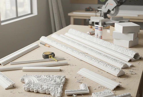 Work table with decorative polyurethane moldings, tools, and glue &mdash; the process of preparing and assembling wall molding kits.