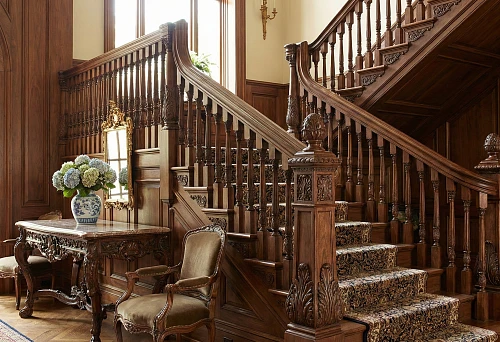 Wooden staircase with carved balusters and massive posts in a classic interior, carpet runner on the steps