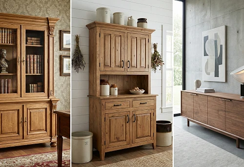 Solid wood furniture fronts: a classic display cabinet with paneled doors and carved decor