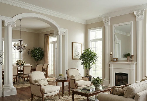 Polyurethane columns and pilasters in the living room interior: tall fluted elements and a classic portal