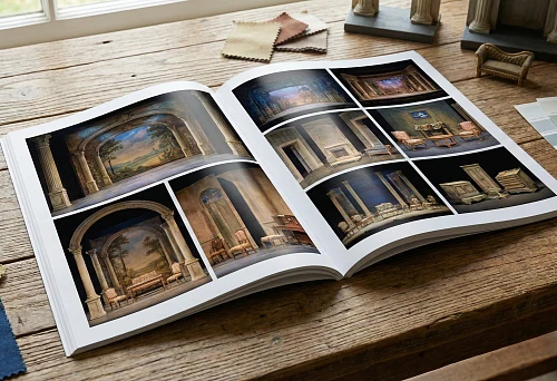 Catalog of theater decorations with photos of decorated scenes