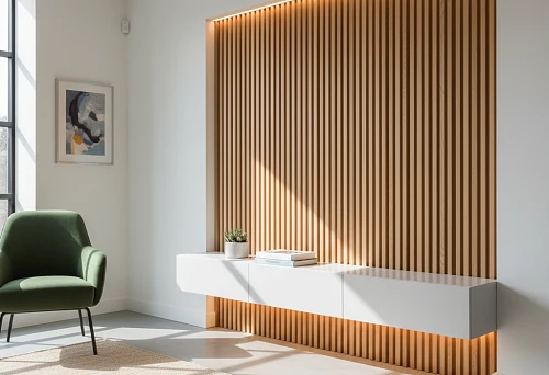 Wooden slats for wall decor with lighting in modern interiors