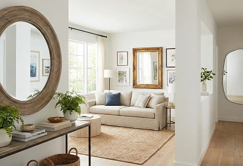Wall mirror in wooden frame: large round mirror above console in hallway