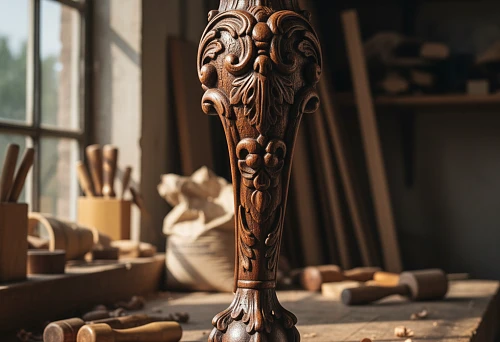 Carved Furniture Leg in Dark Wood with an Elegant Floral Ornament