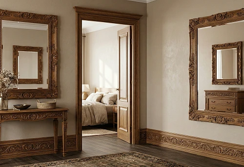 Wooden baseboard and mirror frame in unified decor: classic hallway with carved ornament