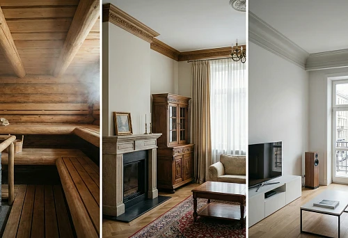 Wooden ceiling plinth in a bathhouse: solid wood fillet around the perimeter, wooden walls and ceiling, warm steam room atmosphere