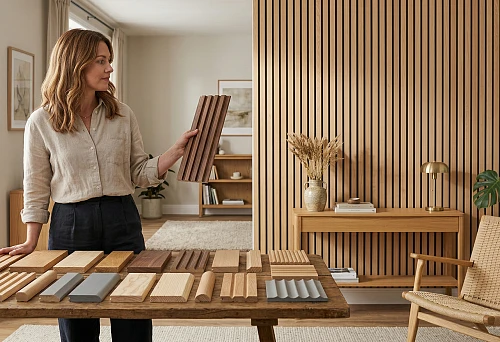 Wooden decorative wall slats and finish samples for interior selection