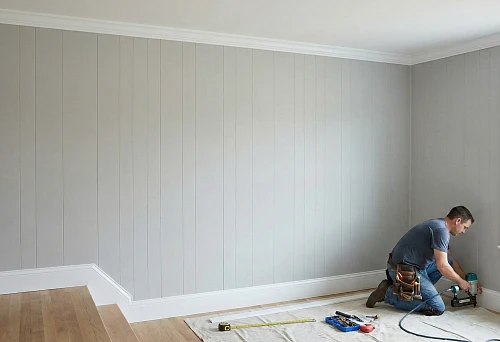Installation of wall panels and baseboards without wet processes, the master uses a pneumatic gun and ready-made profiles