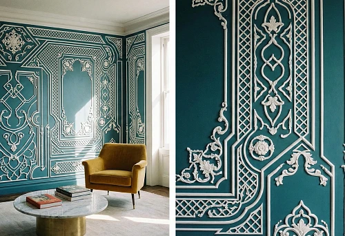 ornamental polyurethane strips arranged into decorative panels