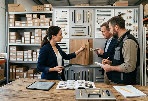 Furniture hardware supplier showcases assortment of handles, hinges, and slides for furniture production and wholesale purchases