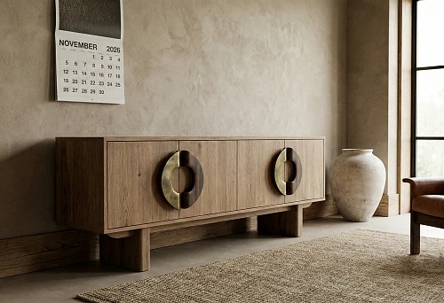 wide wooden baseboards and a chest of drawers with large furniture handles in a modern interior
