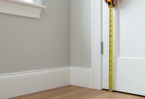 A hand measures the height of a doorway with a tape measure, next to a white floor skirting board installed on a light wooden floor in a modern interior.
