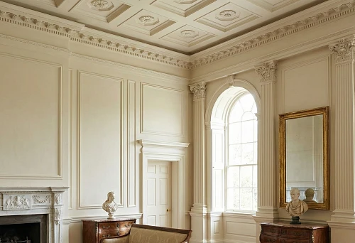 Classic Interior with Ceiling Molding and Decorative Rosettes; Tall Arched Windows,