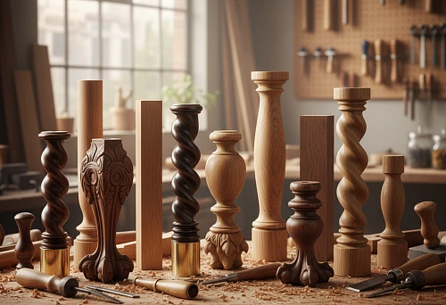 Wooden furniture supports of various shapes and species &mdash; carved, spiral, square, and cylindrical models made of oak, beech, and walnut with brass elements
