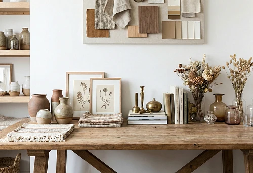 Neutral palette decor collections &mdash; a wooden table with ceramic vases, glass bottles, books, and dried flowers, a selection of materials and textures without overload