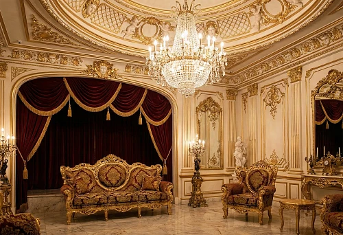 Baroque furniture and polyurethane stucco: a luxurious theatrical interior with gilding and a crystal chandelier