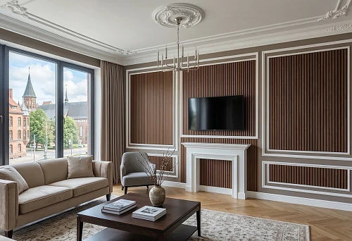 Buy slat panels in Kaliningrad and polyurethane molding for a living room with an accent wall and classic decor