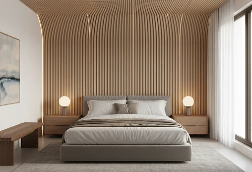 Bedroom Interior with Wooden Slats on Walls and Ceiling, Creating a Modern Design