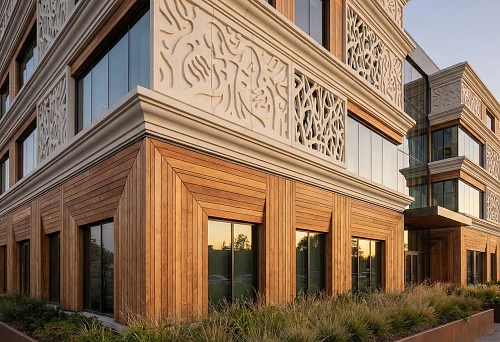 Modern Facade: Combining Wood, Facade Moldings, and Polyurethane Stucco on a Multi-Story Building