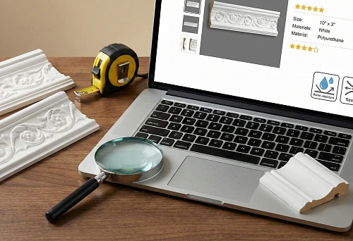 Polyurethane stucco &mdash; samples of cornice and molding on the table next to a laptop with a product card, tape measure, and magnifying glass; checking dimensions, material, and characteristics before buying polyurethane stucco