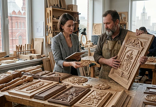Decorative wood carving in Moscow: selection of carved elements for furniture, doors and interiors in the workshop