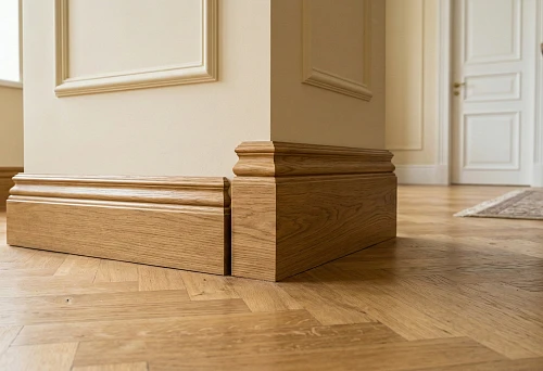 Tall wooden skirting board 70&ndash;80 mm in classic interior: beveled profile against white wall and parquet