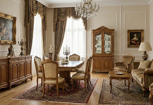 STAVROS 'Classic' Furniture Collection in Interior: Dining Set, Display Cabinet, Dresser, and Soft Seating Area with Sofa and Armchairs