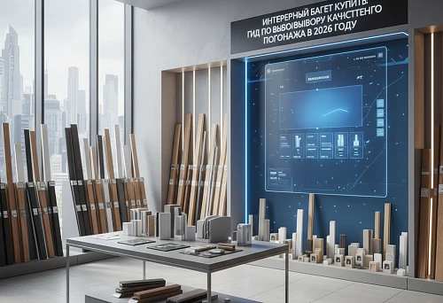 Showroom with samples of interior baguette and moldings, modern shelving with wooden profiles and display of finishing materials