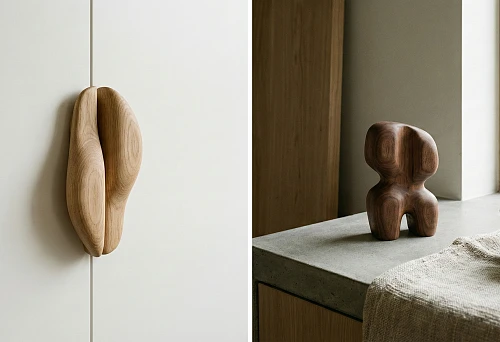 Wooden furniture handle and decorative element made of solid wood in a minimalist interior with an emphasis on tactile sensations.