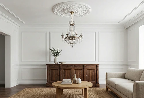 White polyurethane stucco on the ceiling and walls next to solid wood furniture in a light living room