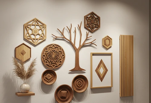 Composition of Solid Wood Wall Decorations in Natural Shades