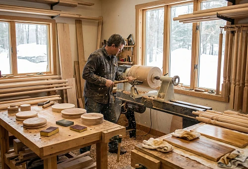 Craftsman Turning Round Molding on a Lathe in a Woodworking Shop