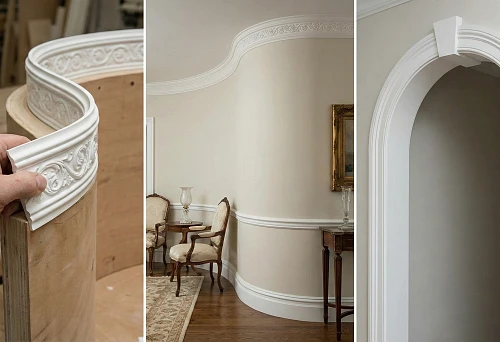 Flexible polyurethane stucco on a radius surface: the molding follows the curve of the column
